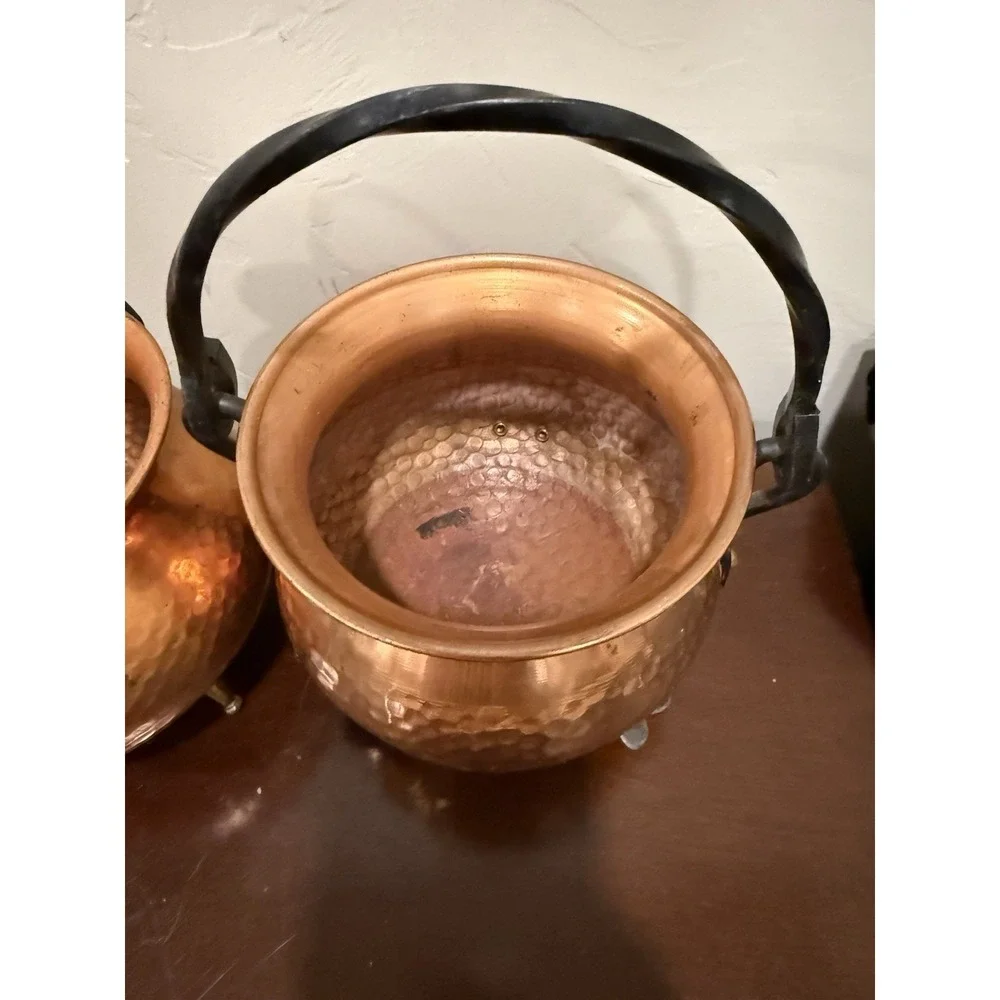 VTG Set Of 2 Hammered Copper Pot Cauldron Germany Bail Wrought Iron Handles Feet
